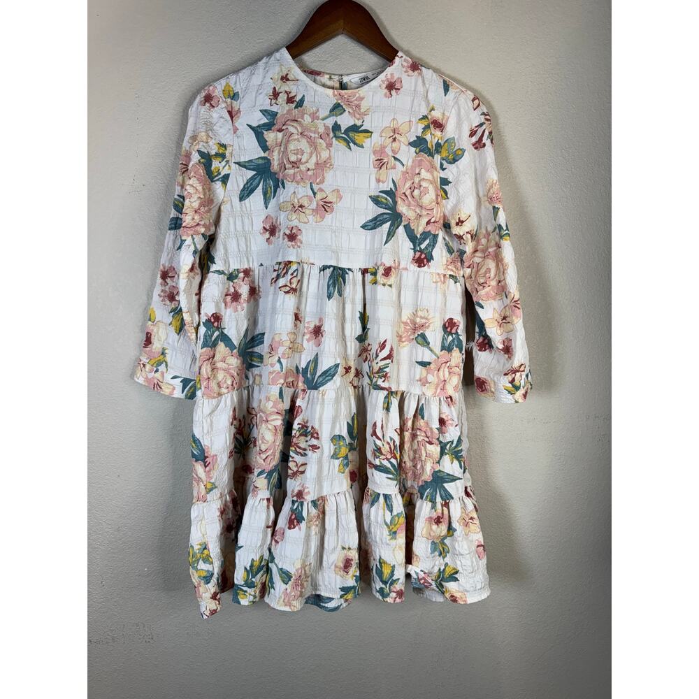 ZARA Floral Crinkle Textured Tiered Midi Dress Small Long Sleeve Cottagecore